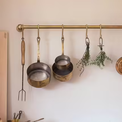 Rustic Unlacquered Brass Pot Rail With S-Hooks for Kitchen Organization